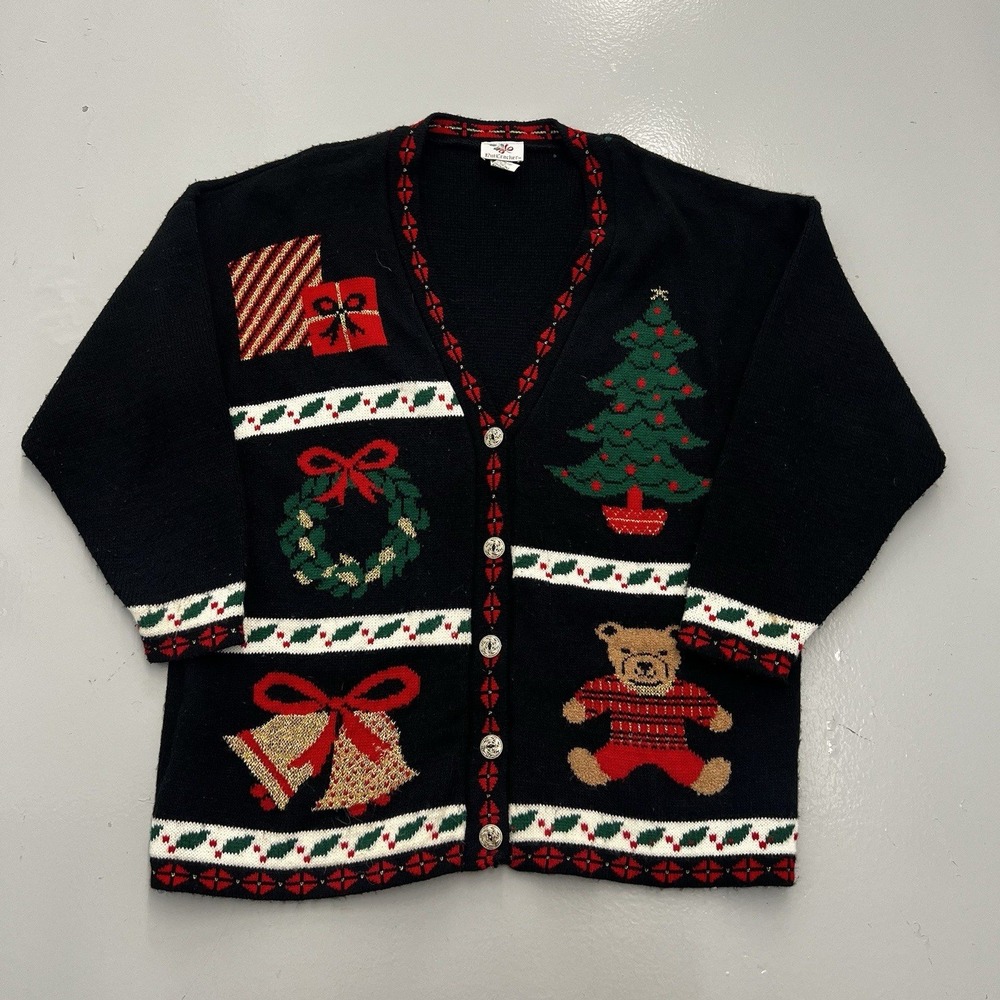 Nutcracker Womens Small Black Christmas Cardigan Holiday Teddy Bear Tree Lurex